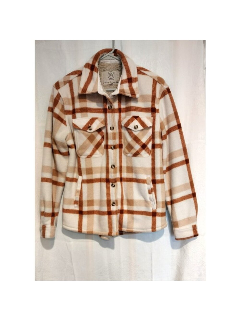 SAGE XS Fleece Jacket Copper Cream Plaid Fall Outdoors Cabincore Gorpcore NWOT